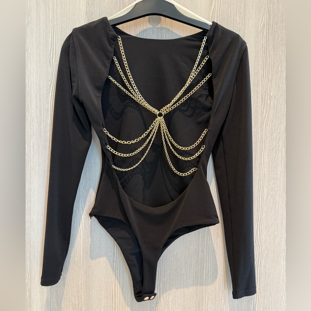 Alice + Olivia Back Bodysuit with Open Back Gold Chain, Size XS